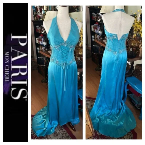 Turquoise Blue Silk Corset Halter Evening Prom Gown - Picture 2 of 16